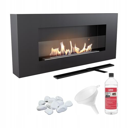 KRATKI Delta Flat Caminetto a bioetanolo + ciottoli + imbuto + biocarburante | Fuoco reale a parete, biocontenitore 0,4 l, certificato TÜV | Acciaio, 40 x 90 cm, vetrificazione, nero opaco