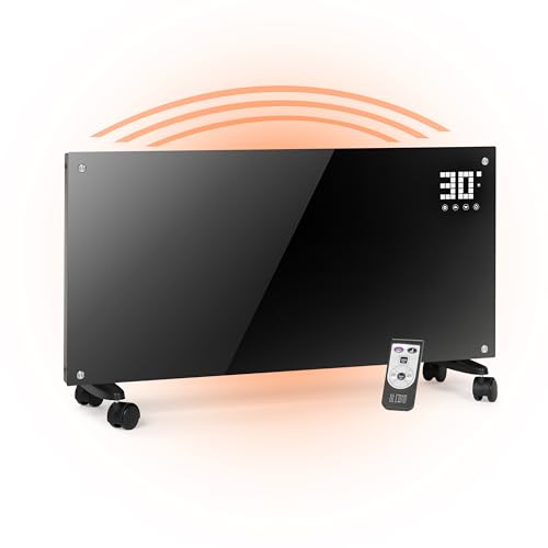 Ulcano Termoconvettore Nero Con Modalità ECO 1000W, Potenza Max 2000W, Stufa Elettrica A Basso Consumo, Montaggio A Parete o Con Ruote, Con Termostato, Colore Nero