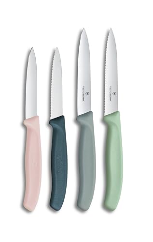 Victorinox Swiss Classic, set di coltelli per pomodori e verdure, 4 pezzi, lama affilata, 8 e 10 cm, bordo seghettato, acciaio inossidabile, Toni rossi, sfumature di verde