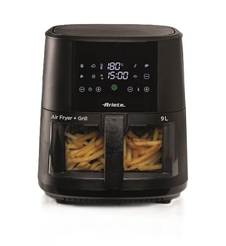 Ariete 4630 Friggitrice ad aria 9L, 1500 W, Capacità 9L, Capacità di cottura 2,5kg, 8 programmi preimpostati, Temperatura fino a 200°, Cestello trasparente per controllo cottura, Nero