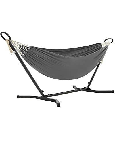 SONGMICS Amaca con Supporto, Amaca di 210 x 150 cm, 5 Altezze Regolabili, Portatile con Sostegno in Metallo, Max. Portata di 240 kg, per Giardino Terrazzo, Supporto Nero e Amaca Grigia GHS001G01