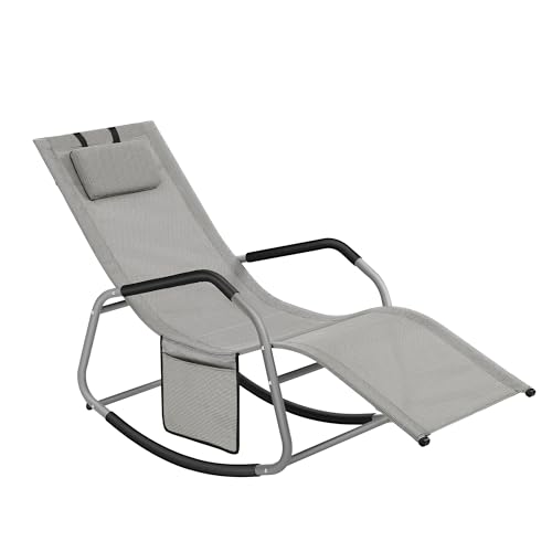 SONGMICS Sedia a Dondolo, Sedia a Sdraio con Fermi Antiribaltamento, Cuscino Regolabile, Telaio in Acciaio, Tessuto Respirante, Tasca Portaoggetti, 156,2 x 97,3 x 151 cm, Grigio Tortora GCB230G01