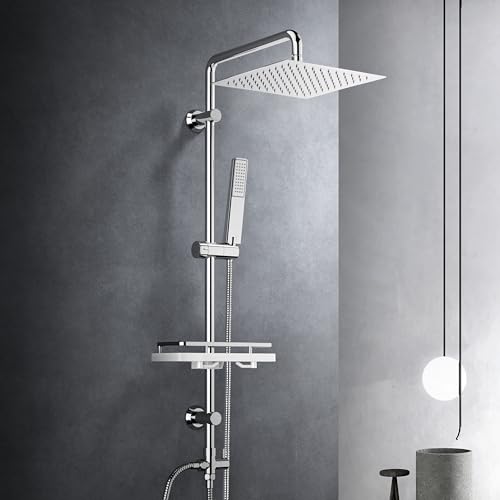 Görbach Colonna Doccia idromassaggio Colonna Doccia Acciaio Inox Senza Miscelatore Fori Muro Regolabili Asta Doccia Gruppo Doccia Colonna Con Soffione e Doccetta Porta Ogetti Mensola 25*25CM Quadrato