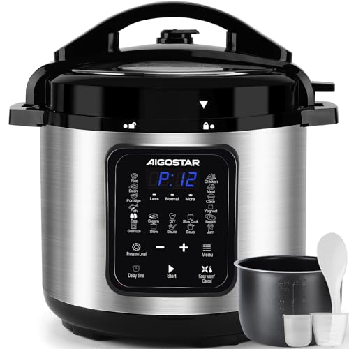 Aigostar Pentola a Pressione Elettrica 18-in-1 Pressure Cooker, 6 Litri Pentola Programmabile 24 ore, 3 Pressioni, 1000W Pannello LED Multicooker per Yogurt, Cuoci, Riso, Slow Cooker, Sauté, 1000W