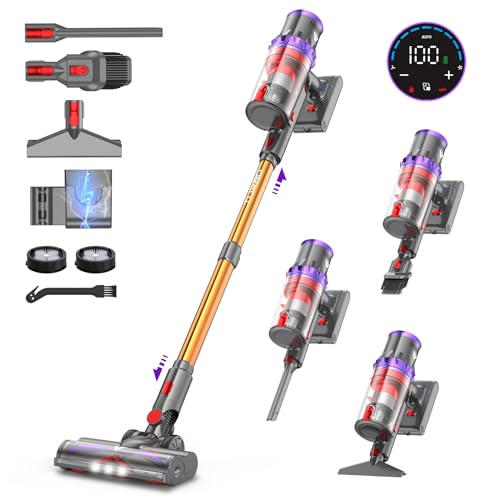 coovy 580W/45000Pa Aspirapolvere senza Fili SU7, Scopa Elettrica senza Filo Potente 75 Min Autonomia con LED Touchscreen Anti-Avvolgimento per Tappeti Pavimento Peli Animali