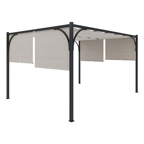 Gazebo Pergola 3x3 M Pergolato Con Tetto Scorrevole Telo Colore Beige Impermeabile Retrattile Richiudibile Struttura Nera In Acciaio Giardino Terrazzo Piscina Esterno Campeggio Design Elegante Moderno