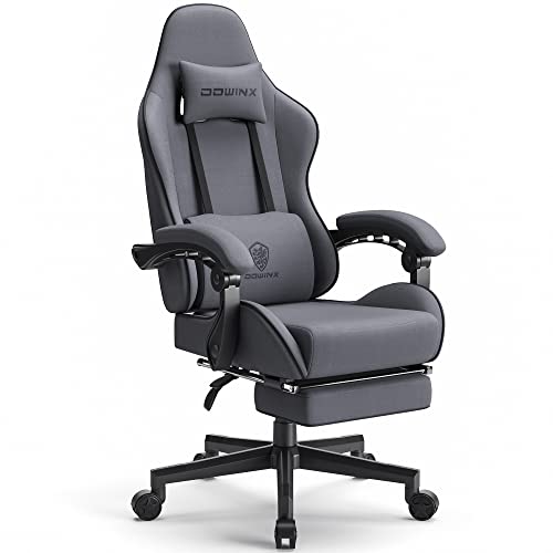 Dowinx Sedia da gaming da ufficio, in tessuto, con cuscino primaverile, azione massaggiante, poggiatesta, ergonomica, con poggiapiedi (grigio)