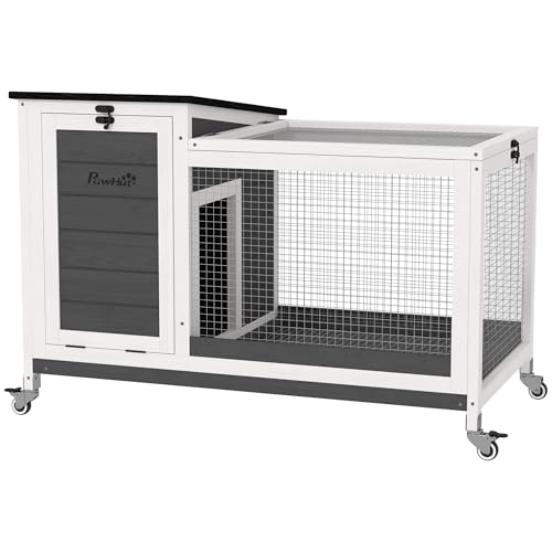 PawHut Conigliera da Esterno e Interno a Rotelle per 1-2 Conigli con Vassoio Estraibile e Ingressi Multipli, Casetta per Conigli in Legno di Abete e Acciaio, 91x51x66 cm, Grigio Bianco e Nero