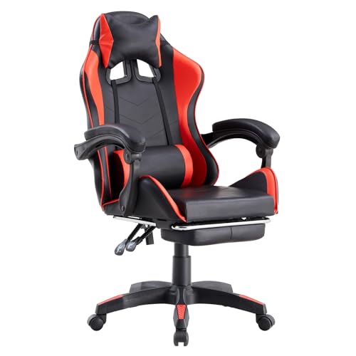 Brigros - Sedia da gaming racing ergonomica con braccioli reclinabile, poltrona ufficio girevole, con rotelle, poggiapiedi, poggiatesta e cuscino lombare, similpelle, Portata: 125kg (Rosso)