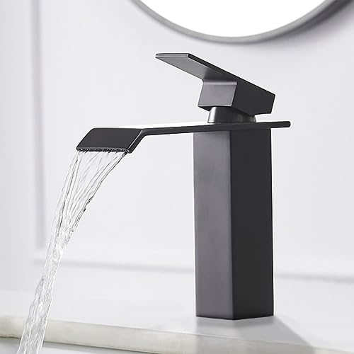 XWIHTR Rubinetto a cascata per bagno, rubinetto per lavabo a una maniglia, risparmio idrico, rubinetto per lavabo; bocca calda e fredda, rubinetto per bagno in ottone in acciaio inox (nero)