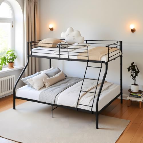 FetiNes Letto a Castello Metallo 3 Posti Letti per Adulti con Rete a Doghe, Barriera Anticaduta 200cm x 140/90cm Nero