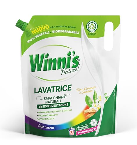Winni's - Detersivo Lavatrice Ipoallergenico Ecoformato per Capi Colorati,33 Lavaggi,con Smacchianti Naturali da Biofermentazione,Fragranza Fiori d'Arancia e Sandalo,Con Materie Prime Vegetali,1485 ml