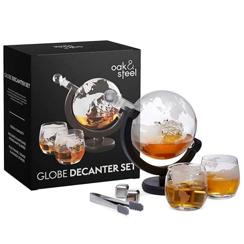 Oak & Steel - Set per Whisky Globo Decanter- 1500 ml - Include Bicchieri, Pietre per Whisky e Tappo in Vetro - Confezione con Design Raffinato