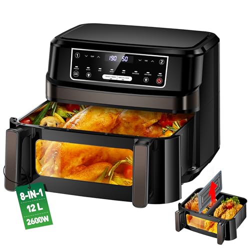 Friggitrice ad Aria Calda 2 Camere | Friggitrice ad Aria da 12L Camera Doppia Camera Singola Regolabile, 2600W Friggitrice ad Aria Calda 8 in 1 con Doppia Camera Controllo Separato Della Temperatura