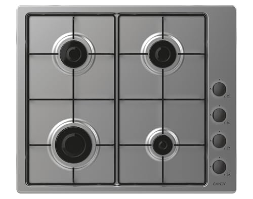 Candy CHW6LBX Piano Cottura a Gas, 4 Fuochi, da Incasso, Griglie in metallo, Valvola di Sicurezza, 59,5x51x8 cm, Acciaio Inox