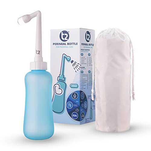 T2 Peri Bottle - Bidet Portatile da Post Parto, Sollievo dal Dolore Perineale - Da 450 ml con Ugello a 60°, Custodia Lavabile - Borsa Ospedaliera Essenziale per la Maternità, Regali per la Neo-Mamma