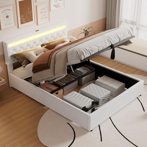 Contenitore Matrimoniale Con Presa USB e Tipo C, 160 x 200 cm, Luce d'Atmosfera, Idraulico, Una Piazza e Mezza Con Base a Doghe