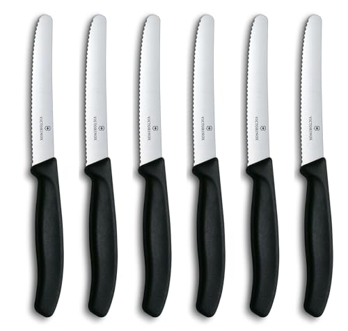 Victorinox, Swiss Classic, set di coltelli da cucina seghettati per pomodori da 6 pezzi, lama da 11 cm, lavabili in lavastoviglie, colore nero