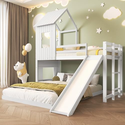 Gelukueub Letto a castello con scivolo per bambini, con griglia anticaduta, con finestra e tetto, con scala a tre livelli, legno di pino+MDF, bianco, 90 x 200 cm e 140 x 200 cm