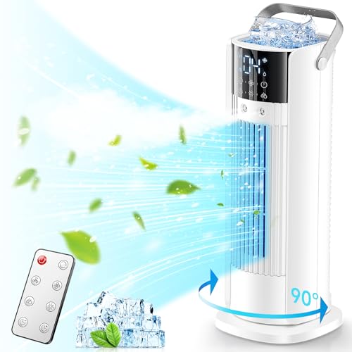 Condizionatore Portatile 5 en 1- Climatizzatore Mobile Silenzioso, Raffrescatore d'Aria,Basso Consumo, 4 Velocità, 2 Modalità di Spray, Serbatoio 700ml, Telecomando, Ufficio, Cucina
