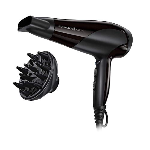 Remington Asciugacapelli 2200W - Leggero e Potente - Funzione Ionica per risultati ottimi, 3 livelli di riscaldamento, 2 livelli di ventola separati + livello di raffreddamento, Diffusore - D3198