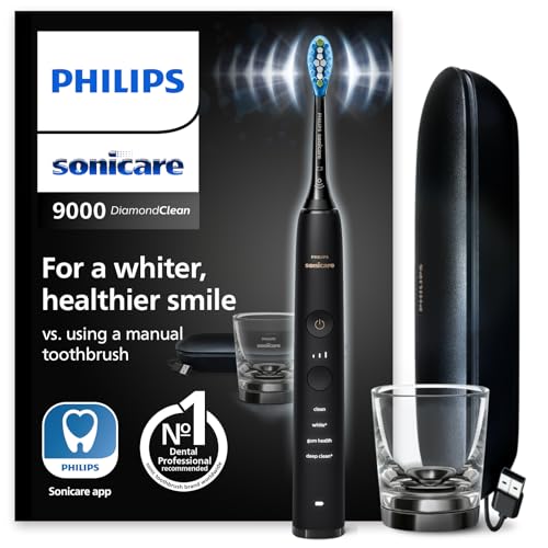 Philips Sonicare DiamondClean 9000 spazzolino elettrico, spazzolino sonico con app, sensore di pressione, 4 modalità di spazzolamento, 3 livelli di intensità, nero, modello HX9911/09