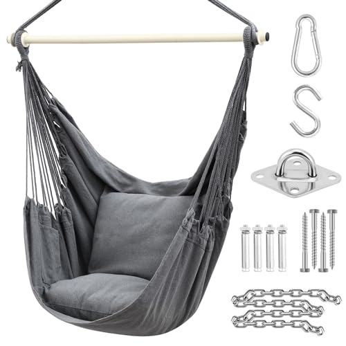 Ohuhu Sedie Sospese Sedia Amaca da Giardino con 2 Cuscini e Robuste Ganci kit, Sedia ad Altalena Sedia a Dondolo Sospesa Costruzione Robusta e Resistente per Balcone, Giardino, Portante 150kg (Grigio)