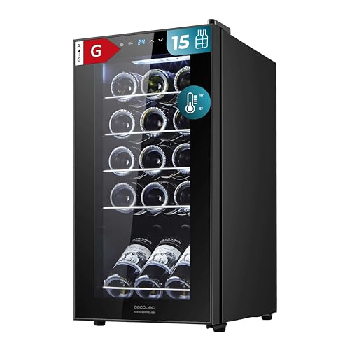 Cecotec Cantina Vino 15 bottiglie - Cantinetta Vino GrandSommelier 1550 Black Compressor. 15 bottiglie, compressore silenzioso, temperatura 5-18°C, pannello touch, senza vibrazioni, 39 dB