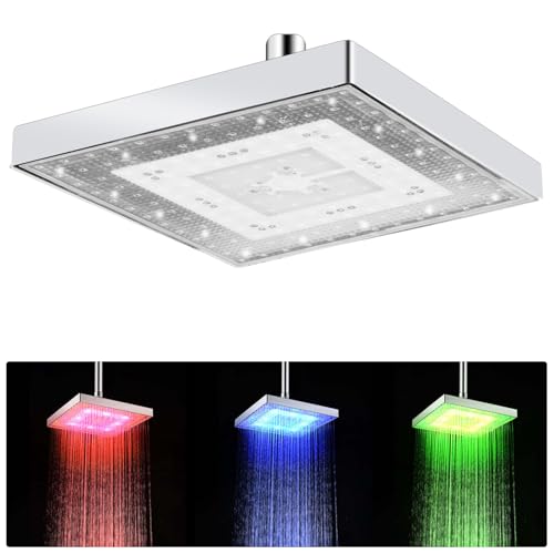 Soffione doccia a pioggia a LED, 8 pollici (20 cm) con controllo della temperatura, flusso elevato, soffione doccia quadrato per la casa e il bagno