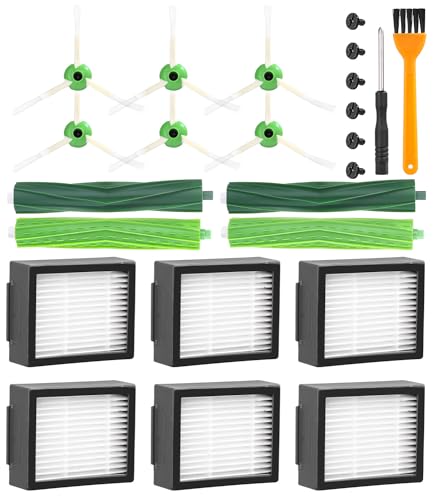 Kit di Ricambi per iRobot Roomba E5 E6 i7 i7+ i3 i3+ i4 i4+ i6 i6+ j7 j7, Accessori Ricambi Compatibile con Roomba Serie E & I & J, 4 Spazzola in Gomma, 6 Filtri HEPA, 6 Spazzole Laterali