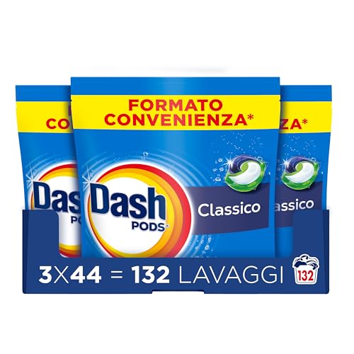 Dash Pods Detersivo In Capsule, 132 Lavaggi, Classico, Rimuove Le Macchie, Igienizza, Brillantezza Per I Capi (44x3)