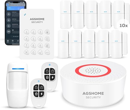 AGSHOME - Sistema di allarme senza fili, 15 pezzi, Wifi, sistema di sicurezza antifurto senza fili da 120 dB, kit di sicurezza per la casa espandibile, compatibile con Alexa e Google Assistant