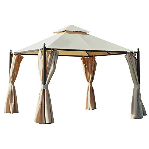 Outsunny Gazebo da Giardino 3 x 3m con 4 Tende Laterali e Doppio Tetto Beige
