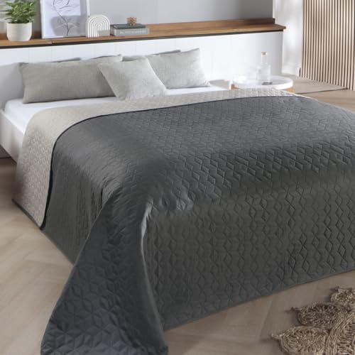 Delindo Lifestyle Copriletto Belford grigio antracite copriletto matrimoniale tinta unita trapuntato, 220 x 240 cm
