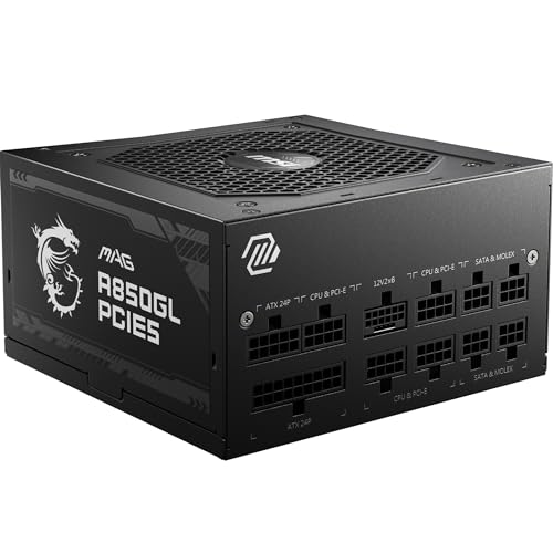 MSI MAG A850GL PCIE5 Alimentatore, 850W 80 Plus Gold, completamente modulare, ATX 3.1, Supporta GPU PCIe 5.1, Ventola FDB 120mm, LLC Full-Bridge, cavi neri piatti - Garanzia 7 anni