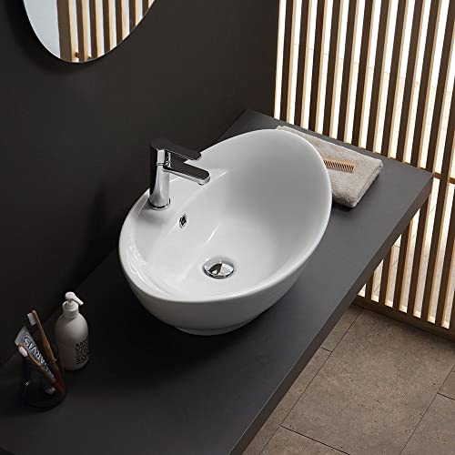 Kiamami Valentina - Lavabo d'Arredo Ovale | Ceramica Bianca | con Foro Rubinetto e Troppopieno | Dimensioni 59x39x21,5 cm | Lavabo da Appoggio, Bianco, Ceramica