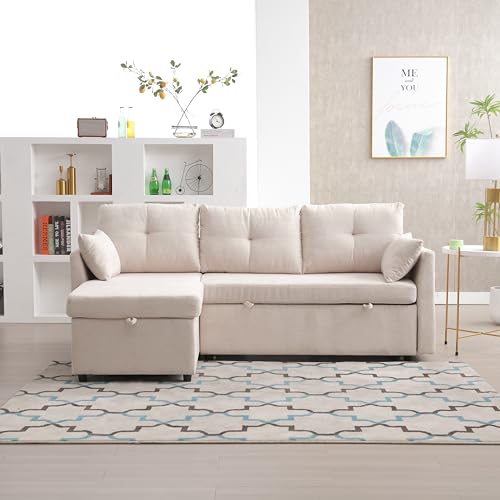 Divano componibile a L, divano ad angolo modulare da soggiorno con penisola intercambiabile, tessuto ciniglia, divano letto multifunzione con ripostiglio e letto estraibile, beige