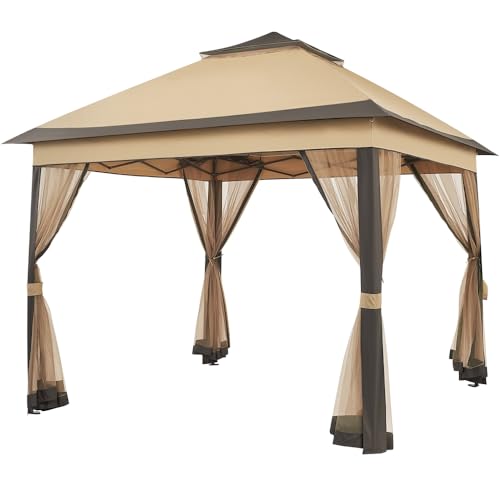 Yaheetech Gazebo da Giardino/Cerimonia 330 x 330 x 271-291 cm per Campeggio/Stand/Commerciale/Feste/Bistrot/Bar/Piscina Telo Impermeabile in Metallo Struttura Tubolare Color Kaki