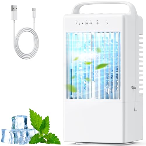 Condizionatore Portatile, Raffreddatore d'aria, 4 in 1 Mini Climatizzatore Portatile, 90° Oscillazion, 3 Velocità, Timer 2/4H, 7 Colori LED, USB Ventilatore per Casa, Ufficio, Campeggio