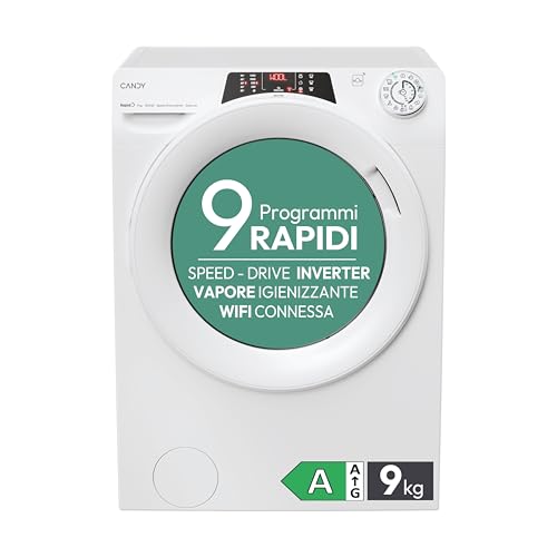 Candy RapidÓ Lavatrice 9 Kg, Libera Installazione, Carica Frontale, Classe A, 1400 Giri, 9 Programmi Rapidi, Funzione Vapore, Wi-Fi + BLE e App hOn, 60 x 53 x 85 cm, Bianca - RO 1494DWMT/1-S
