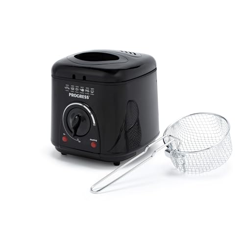 Progress EK2969PBLKVDE Friggitrice Compatta da 1L - Cestello di Cottura Antiaderente Rimovibile, Facile da Pulire, Antiscivolo, Controllo della Temperatura Regolabile, Filtro Riduttore di Odori, 950W