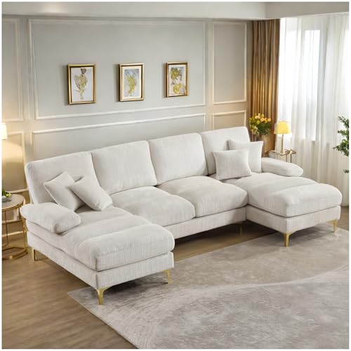 Lubvtti Divano moderno grande in ciniglia a forma di U con doppi sedili reclinabili,divano angolare,divano 4 posti per soggiorno/camera da letto,Beige