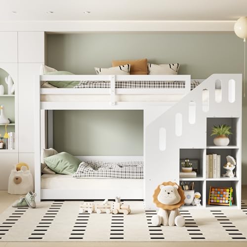 Dolamaní Letto a castello per 2 bambini, 90 x 200 cm, con scale, culla con armadietti e protezione da caduta, cameretta dei bambini, letto a castello per ragazze e ragazzi, bianco