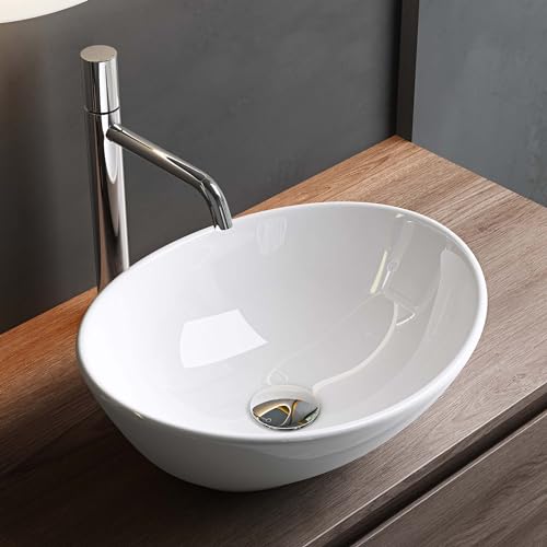 Mai & Mai Lavabo da Appoggio 42x34x14,5cm, Lavandino Bagno da Appoggio Ovale Brüssel205 in Ceramica Nano Rivestimenti Inclusi Bianco Lucido