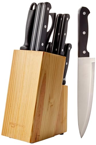 Amazon Basics Set di 14 coltelli con Ceppo, 14 Pezzi, Nero