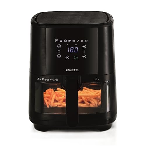 Ariete 4626 Friggitrice ad aria 6L, 1300 W, Capacità 6L, Capacità di cottura 2,5kg, 8 programmi preimpostati, Temperatura fino a 200°, Cestello trasparente per controllo cottura, Nero
