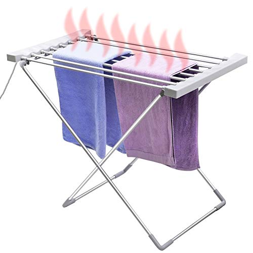 BAKAJI Stendibiancheria Elettrico Potenza 120W Stendino Asciugabiancheria Riscaldante Pieghevole con 8 Barre Stendi Biancheria Panni in Alluminio Dimensione 94 x 74 x 50 cm