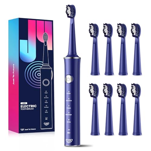 JTF Spazzolino Elettrico, Spazzolino da denti Sonico con 8 Testine, 5 Modalità & Smart Memory, Timer da 2 Min, IPX7 Impermeabile, Rechargeabilité, Ricarica Rapida 3H, Adulto (Blu)