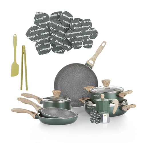KASANOVA Batteria pentole Cooking Therapy, Set pentole induzione e padelle antiaderenti con paletta, Set cucina completo con scritta al laser e manici effetto legno (16)
