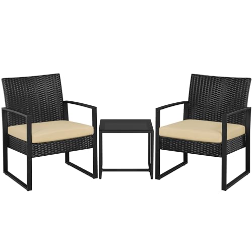 Yaheetech Set Mobili da Giardino in Poly Rattan 2 Sedie e Tavolino da Balcone con Cuscini Esterno Interno